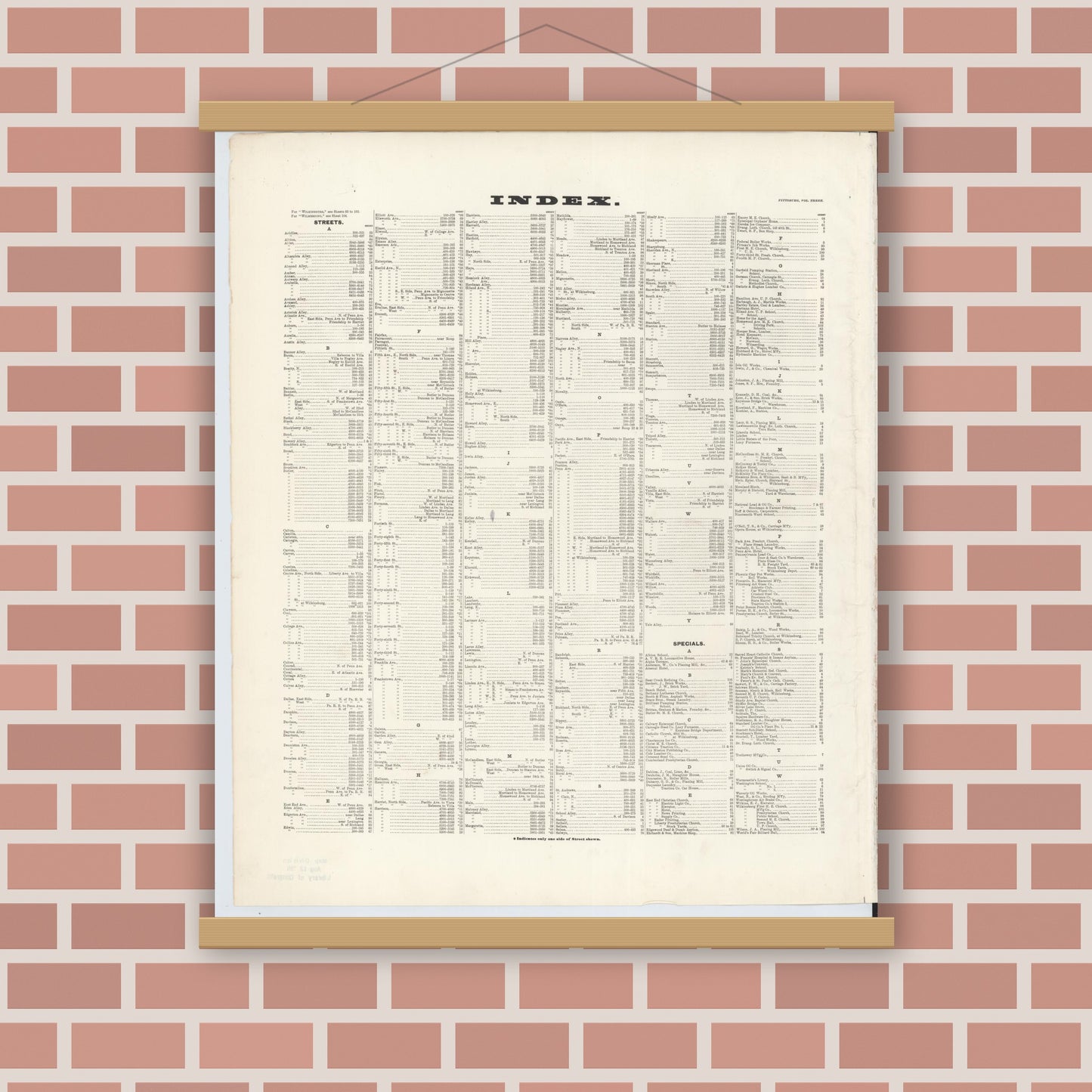 Old map wall art mockup — magnetic wood frame on brick wall — Sanborn Fire Insurance Map from Pittsburgh, Allegheny County, Pennsylvania (1893), Sheet #0001