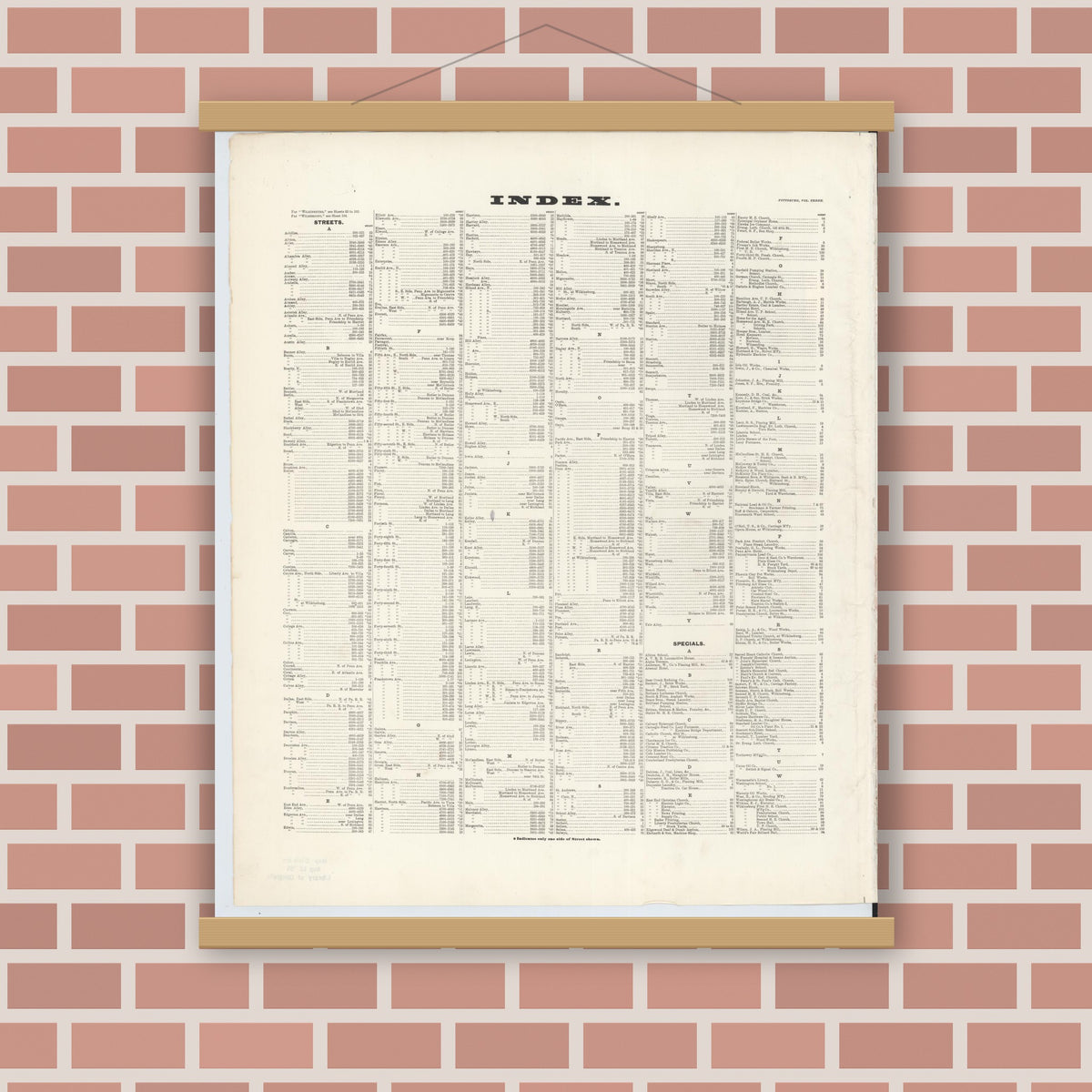 Old map wall art mockup — magnetic wood frame on brick wall — Sanborn Fire Insurance Map from Pittsburgh, Allegheny County, Pennsylvania (1893), Sheet #0001