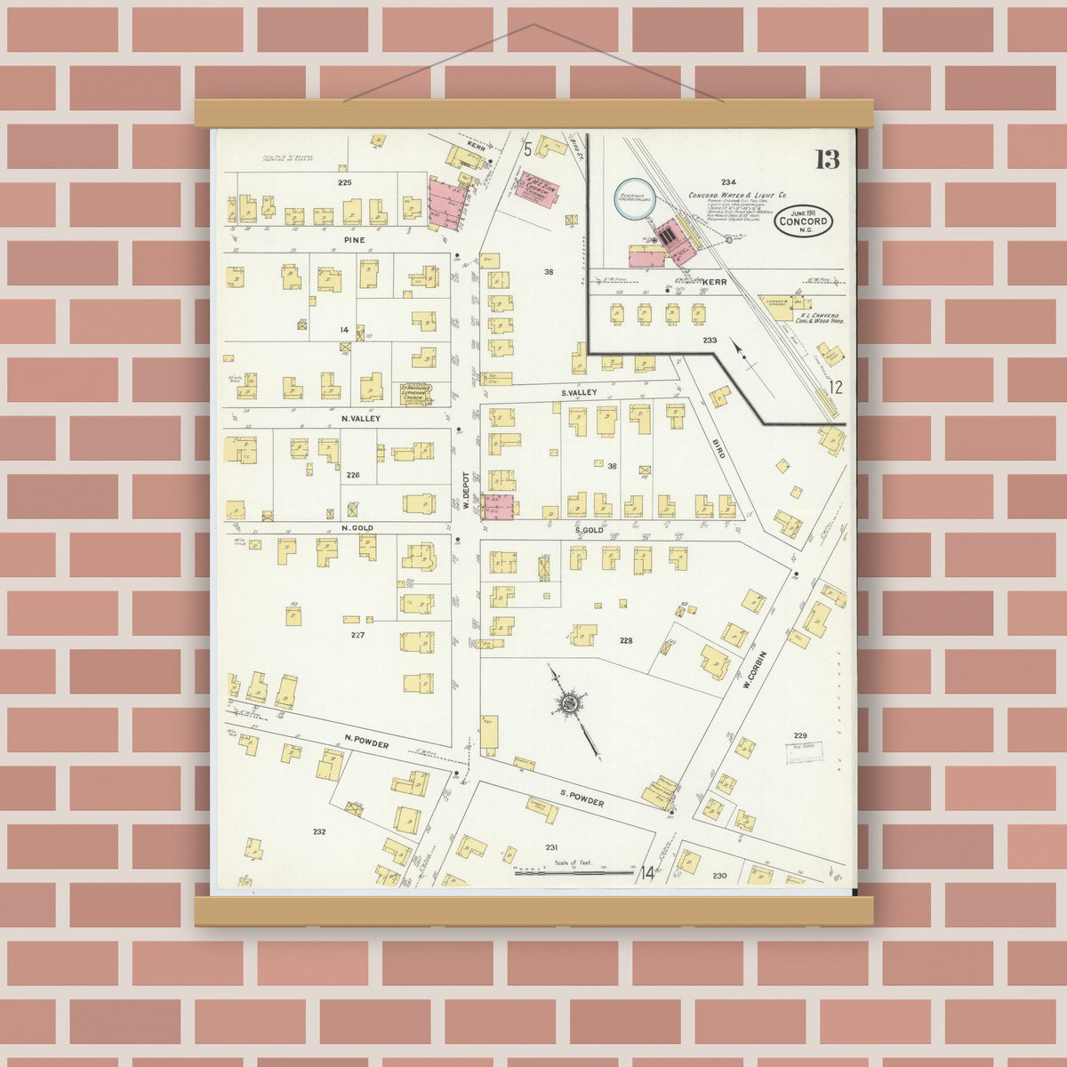 Old map wall art mockup — magnetic wood frame on brick wall — Sanborn Fire Insurance Map from Concord, Cabarrus County, North Carolina (1911), Sheet #0013