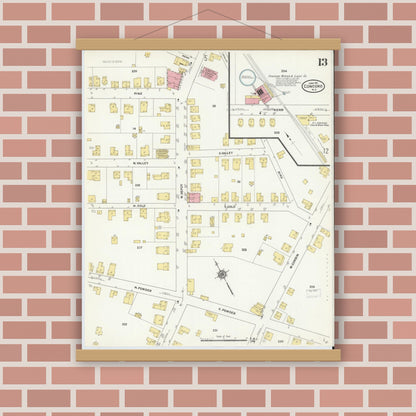 Old map wall art mockup — magnetic wood frame on brick wall — Sanborn Fire Insurance Map from Concord, Cabarrus County, North Carolina (1911), Sheet #0013