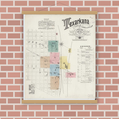 Old map wall art mockup — magnetic wood frame on brick wall — Sanborn Fire Insurance Map from Texarkana, Bowie County, Texas (1888), Sheet #0001