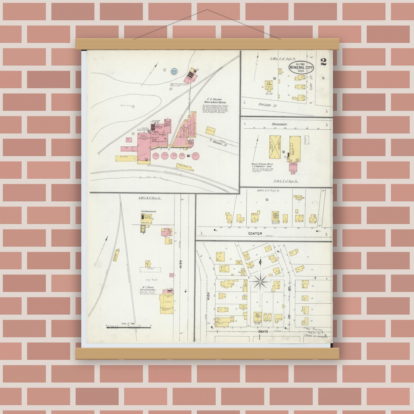 Old map wall art mockup — magnetic wood frame on brick wall — Sanborn Fire Insurance Map from Mineral City, Tuscarawas County, Ohio (1902), Sheet #0002