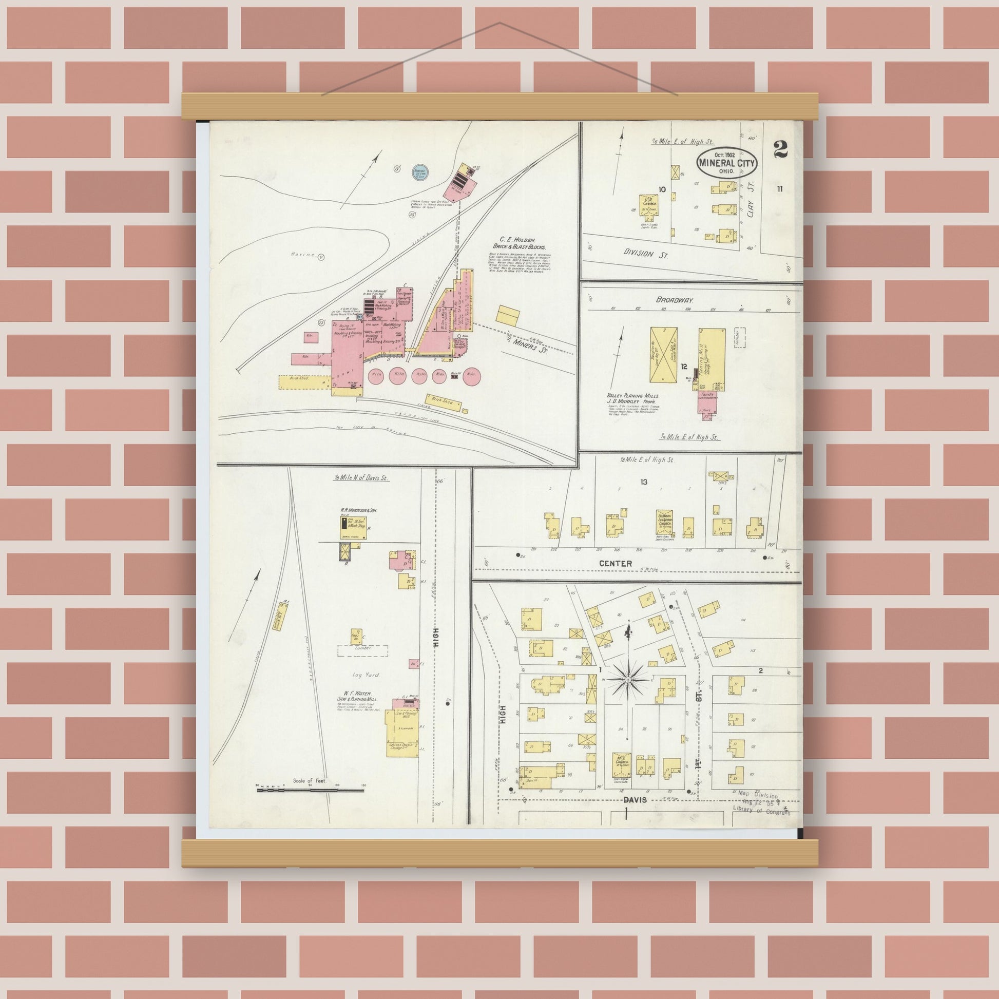 Old map wall art mockup — magnetic wood frame on brick wall — Sanborn Fire Insurance Map from Mineral City, Tuscarawas County, Ohio (1902), Sheet #0002