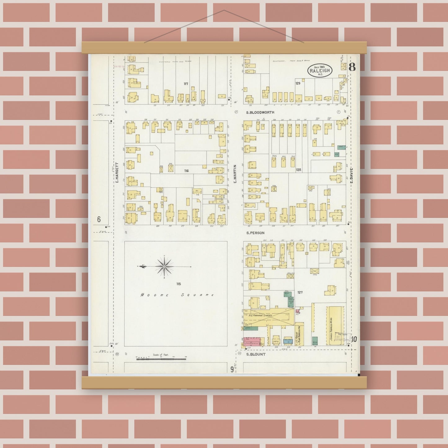 Old map wall art mockup — magnetic wood frame on brick wall — Sanborn Fire Insurance Map from Raleigh, Wake County, North Carolina (1903), Sheet #0008