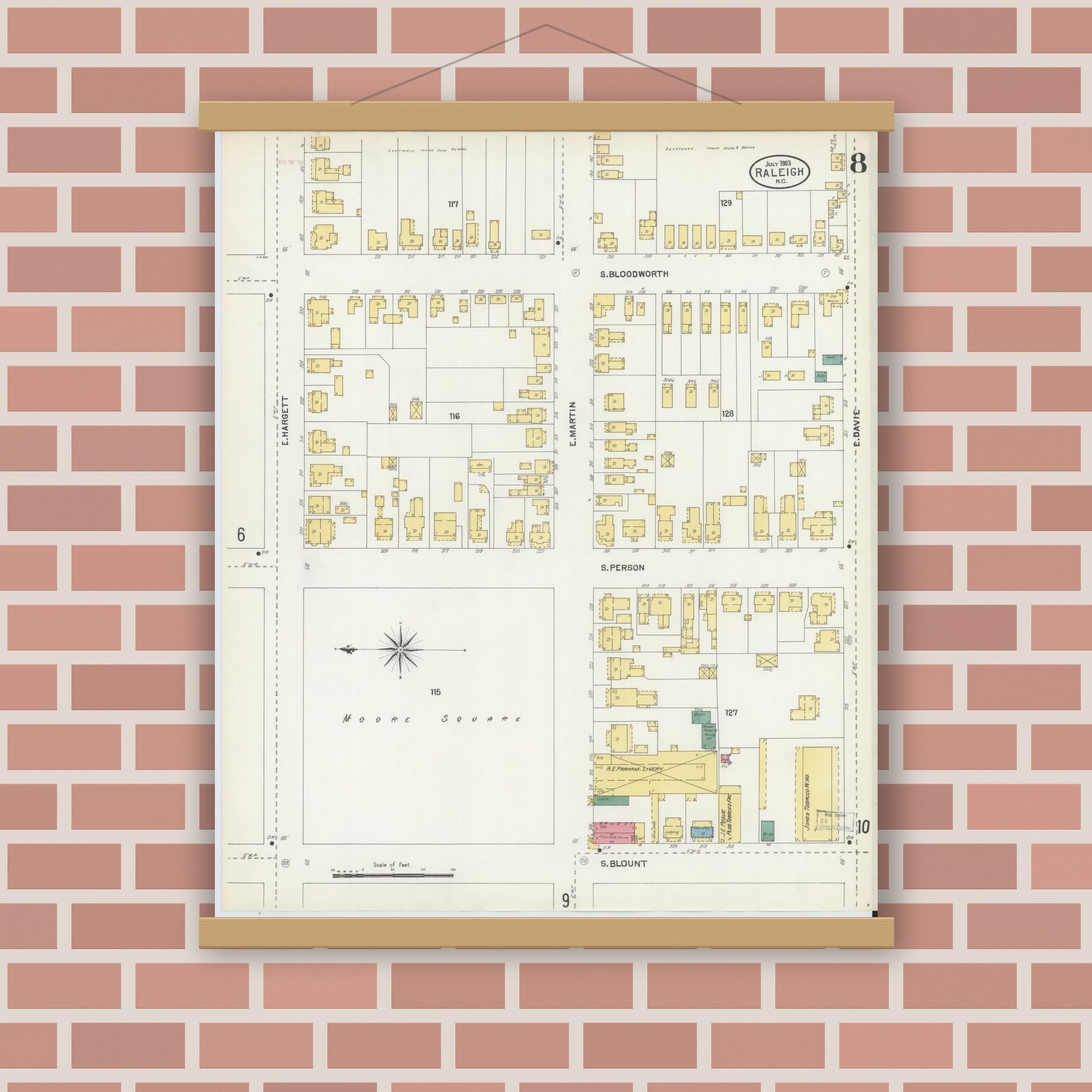 Old map wall art mockup — magnetic wood frame on brick wall — Sanborn Fire Insurance Map from Raleigh, Wake County, North Carolina (1903), Sheet #0008