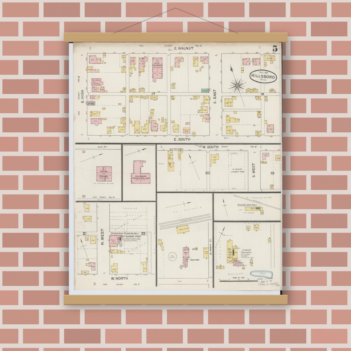 Old map wall art mockup — magnetic wood frame on brick wall — Sanborn Fire Insurance Map from Hillsboro, Highland County, Ohio (1887), Sheet #0005