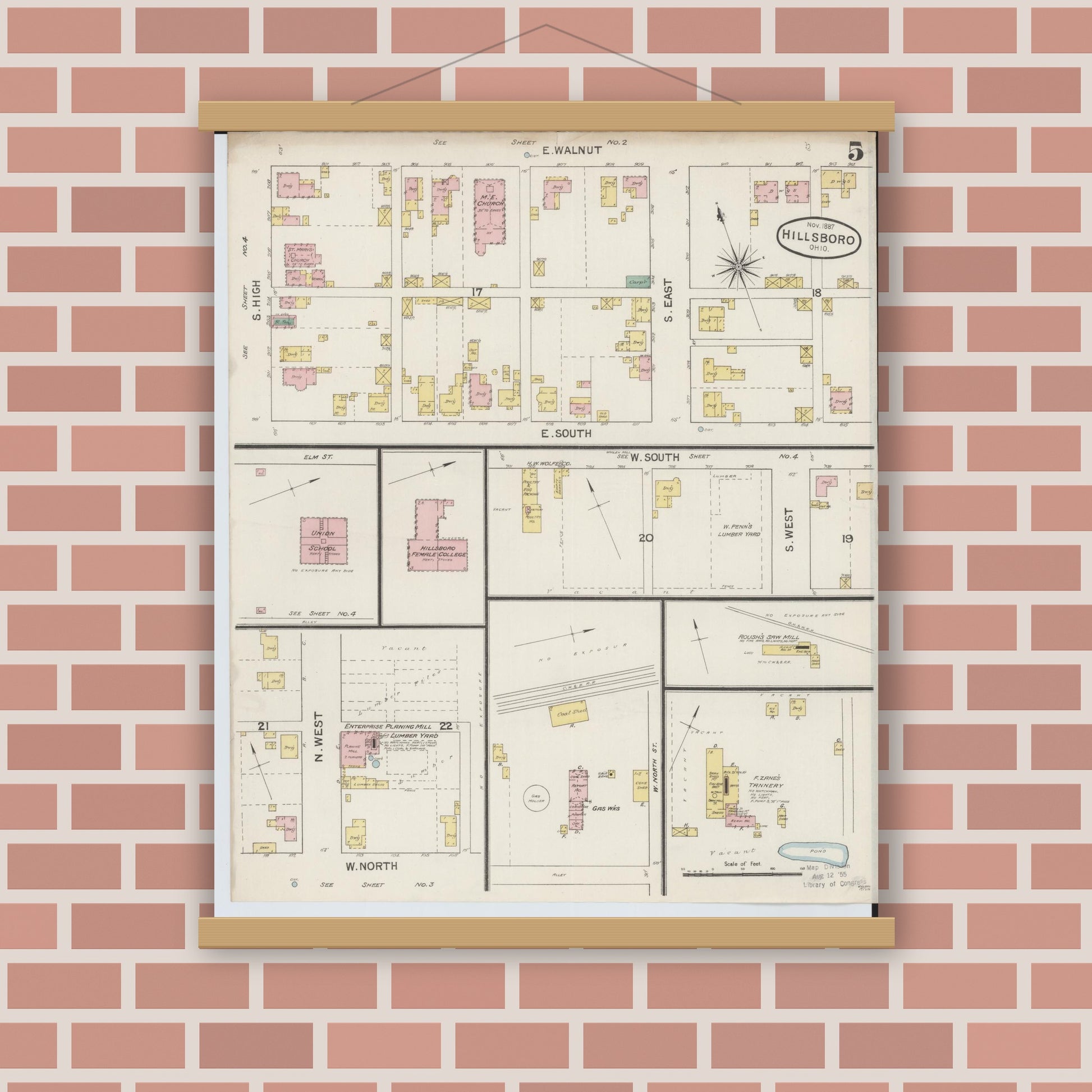 Old map wall art mockup — magnetic wood frame on brick wall — Sanborn Fire Insurance Map from Hillsboro, Highland County, Ohio (1887), Sheet #0005