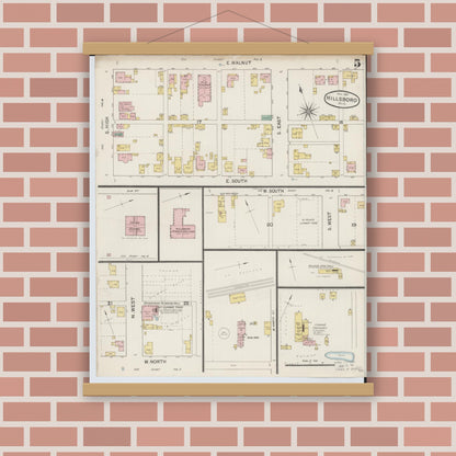 Old map wall art mockup — magnetic wood frame on brick wall — Sanborn Fire Insurance Map from Hillsboro, Highland County, Ohio (1887), Sheet #0005