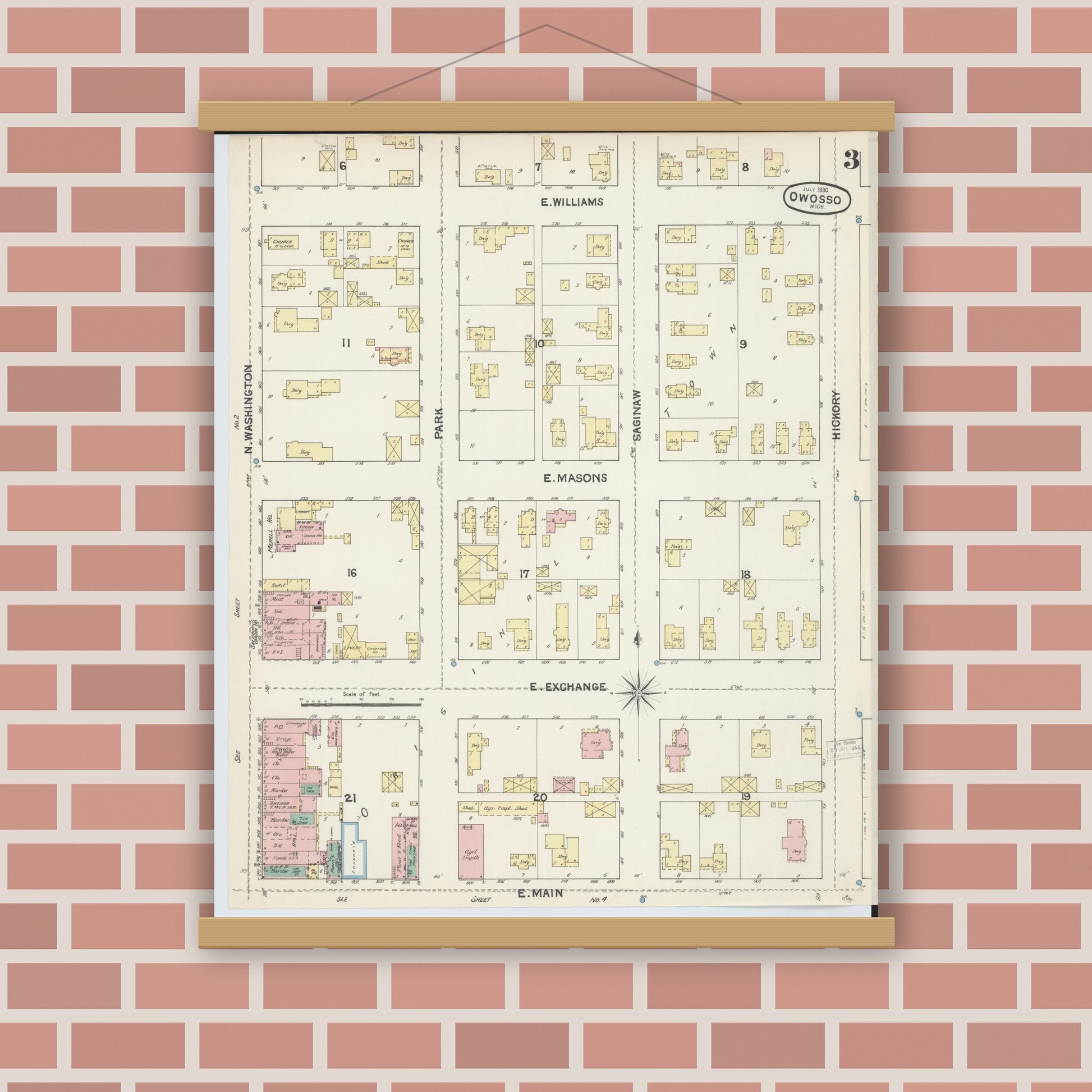 Old map wall art mockup — magnetic wood frame on brick wall — Sanborn Fire Insurance Map from Owosso, Shiawassee County, Michigan (1890), Sheet #0003