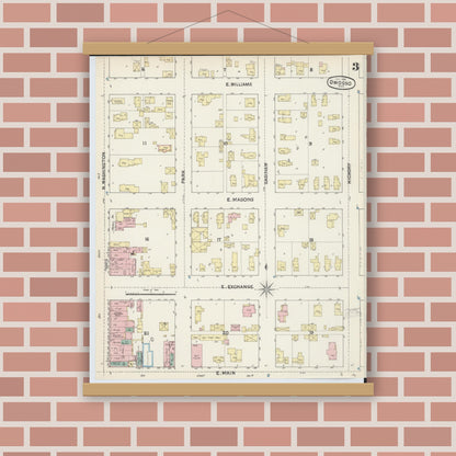 Old map wall art mockup — magnetic wood frame on brick wall — Sanborn Fire Insurance Map from Owosso, Shiawassee County, Michigan (1890), Sheet #0003