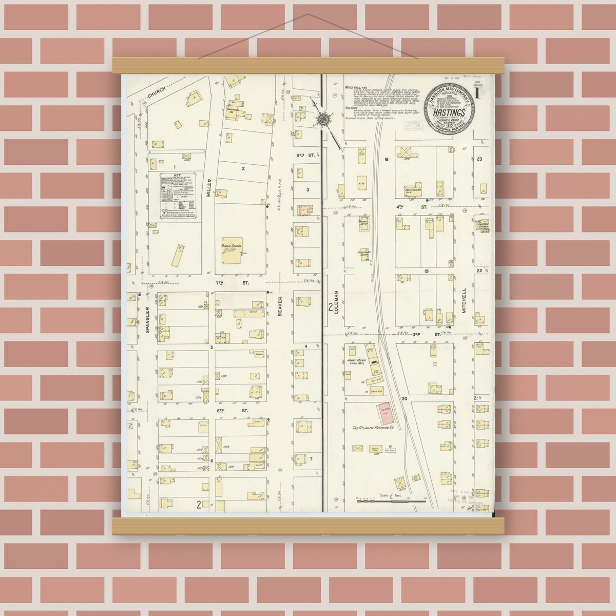 Old map wall art mockup — magnetic wood frame on brick wall — Sanborn Fire Insurance Map from Hastings, Cambria County, Pennsylvania (1910) - Complete Map Set