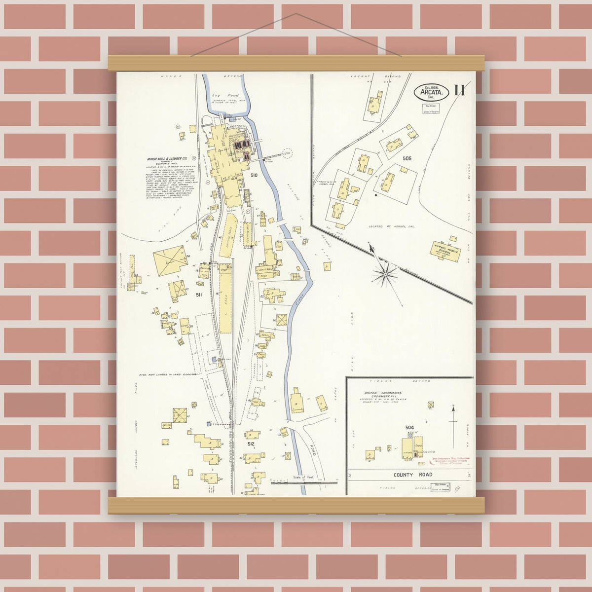 Old map wall art mockup — magnetic wood frame on brick wall — Sanborn Fire Insurance Map from Arcata, Humboldt County, California (1908), Sheet #0011