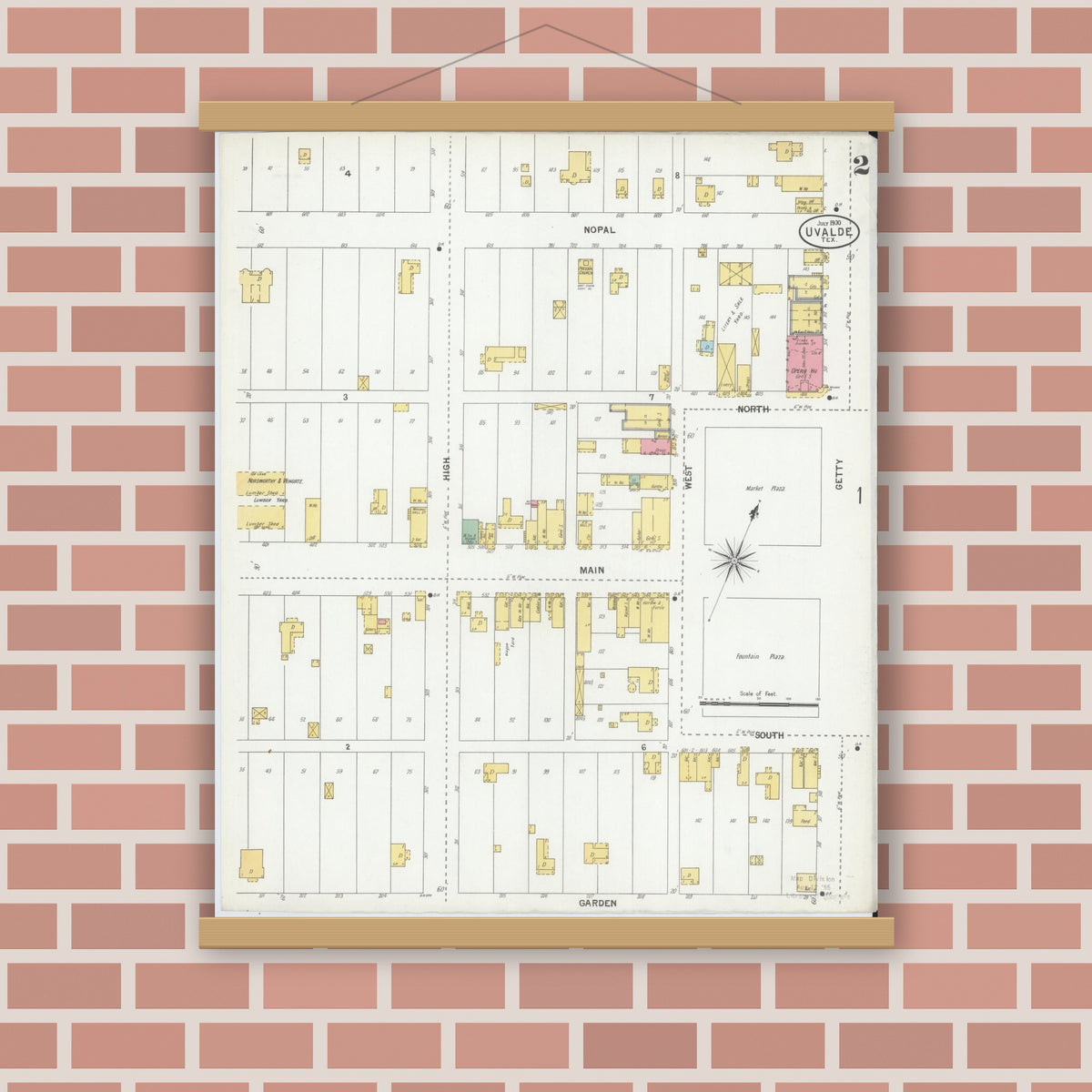 Old map wall art mockup — magnetic wood frame on brick wall — Sanborn Fire Insurance Map from Uvalde, Uvalde County, Texas (1900), Sheet #0002