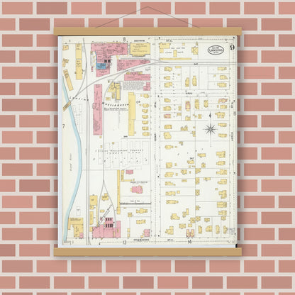 Old map wall art mockup — magnetic wood frame on brick wall — Sanborn Fire Insurance Map from Lansing, Ingham County, Michigan (1906), Sheet #0009