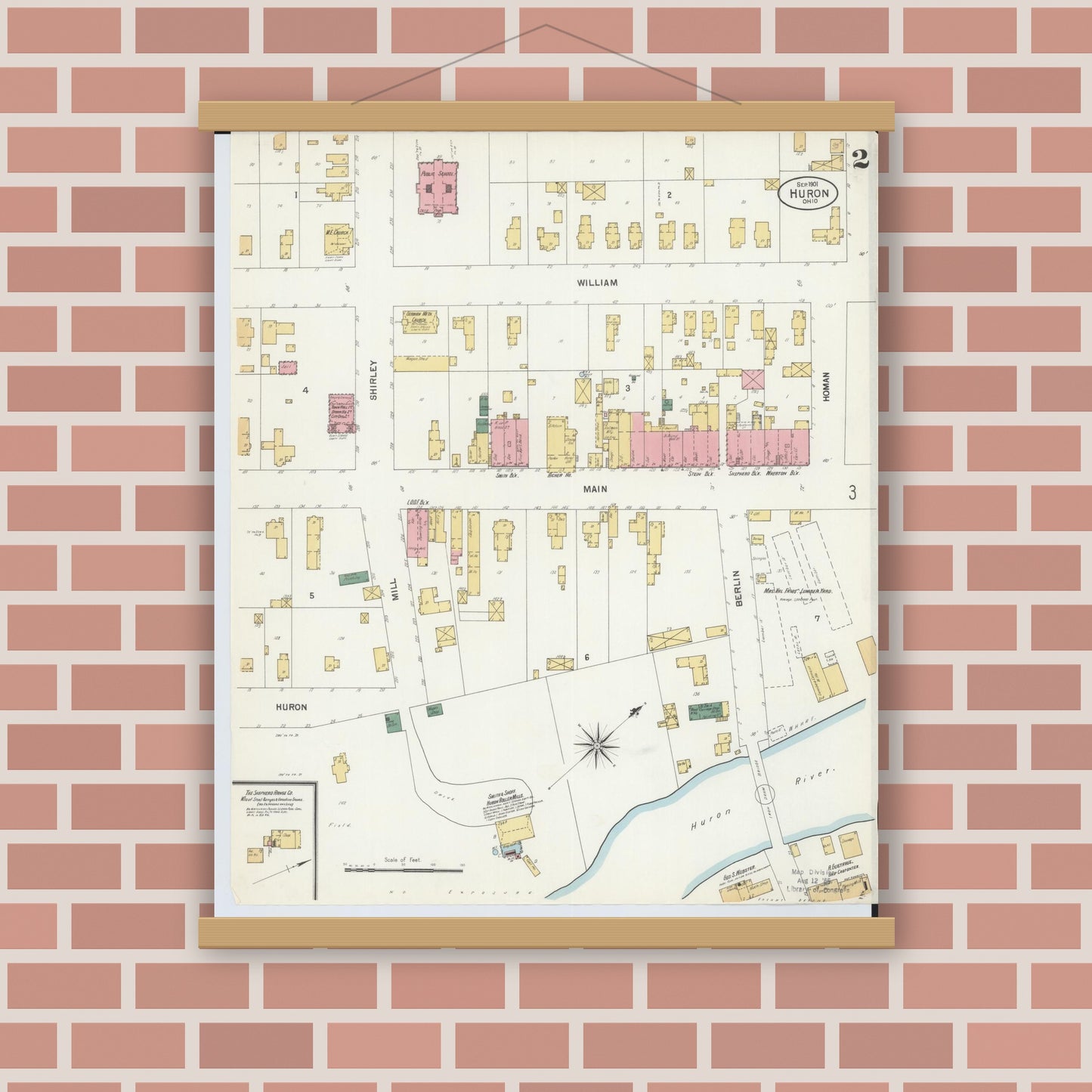Old map wall art mockup — magnetic wood frame on brick wall — Sanborn Fire Insurance Map from Huron, Erie County, Ohio (1901), Sheet #0002
