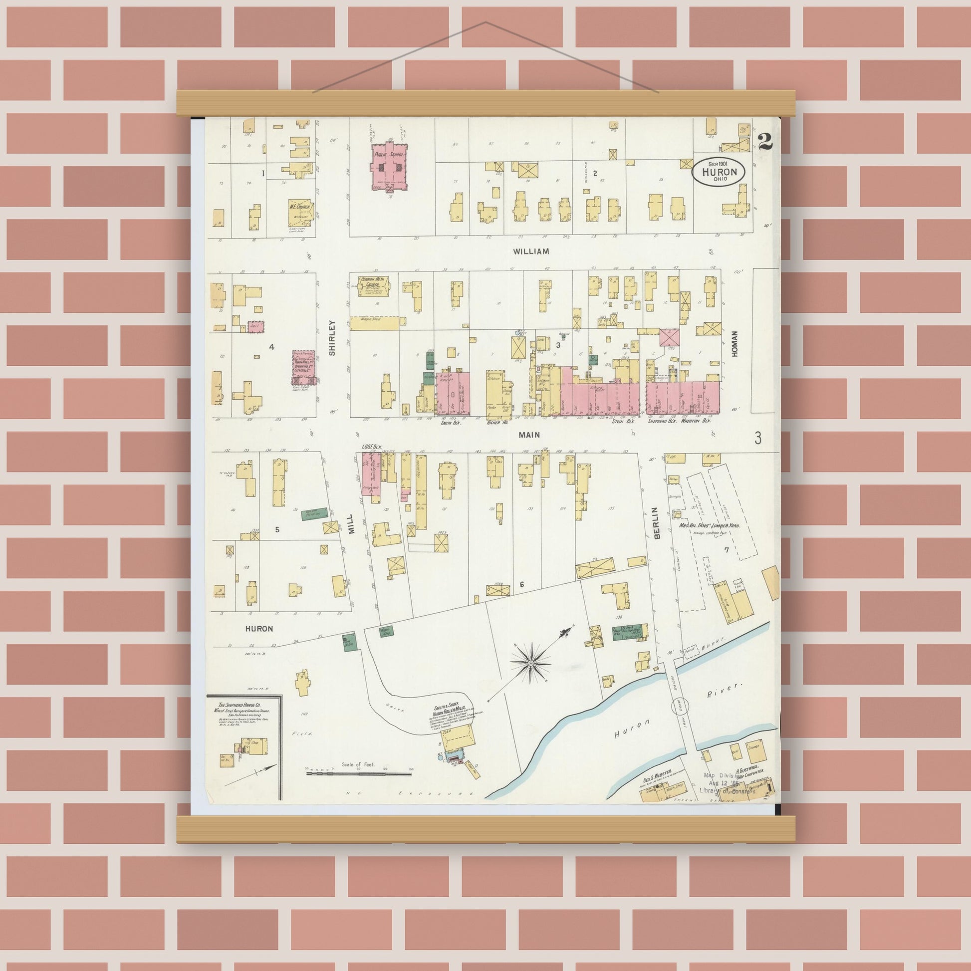 Old map wall art mockup — magnetic wood frame on brick wall — Sanborn Fire Insurance Map from Huron, Erie County, Ohio (1901), Sheet #0002