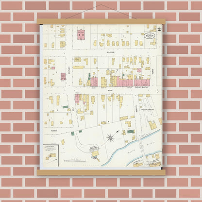 Old map wall art mockup — magnetic wood frame on brick wall — Sanborn Fire Insurance Map from Huron, Erie County, Ohio (1901), Sheet #0002