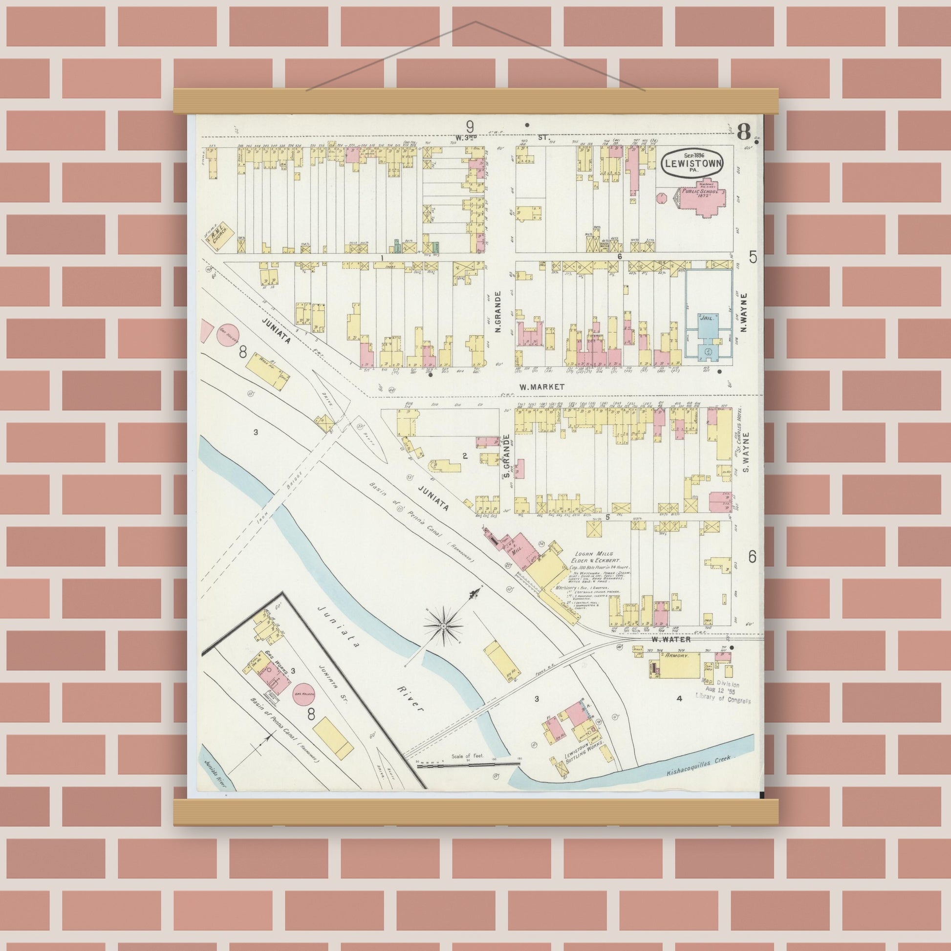 Old map wall art mockup — magnetic wood frame on brick wall — Sanborn Fire Insurance Map from Lewistown, Mifflin County, Pennsylvania (1896), Sheet #0008