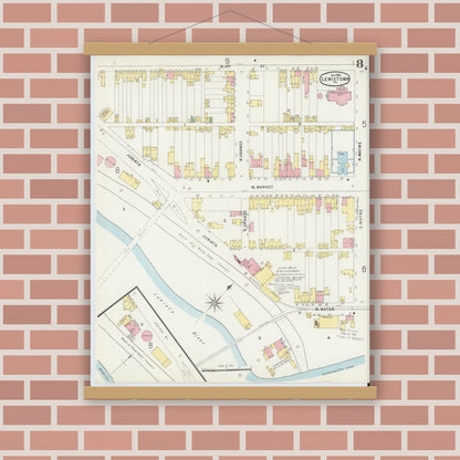 Old map wall art mockup — magnetic wood frame on brick wall — Sanborn Fire Insurance Map from Lewistown, Mifflin County, Pennsylvania (1896), Sheet #0008