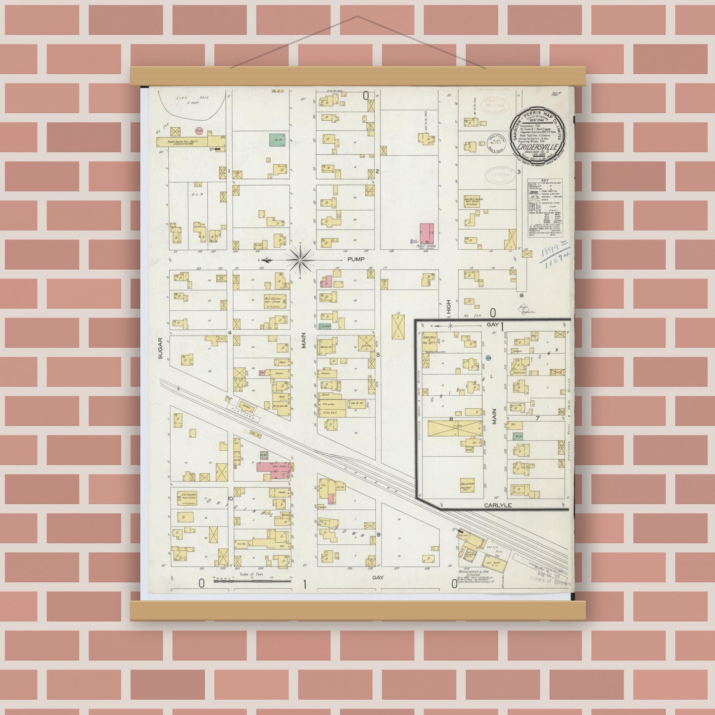 Old map wall art mockup — magnetic wood frame on brick wall — Sanborn Fire Insurance Map from Cridersville, Auglaize County, Ohio (1899), Sheet #0001