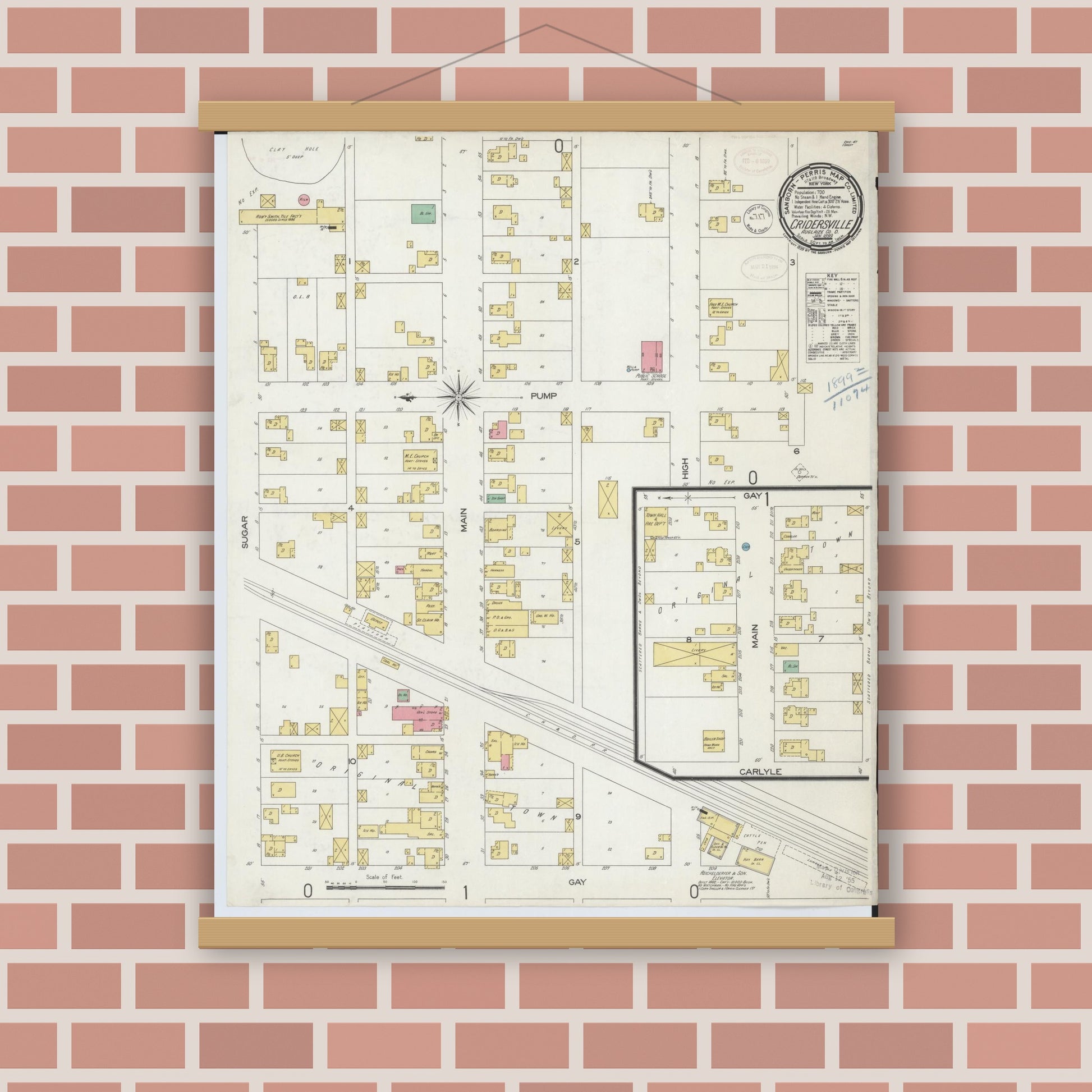 Old map wall art mockup — magnetic wood frame on brick wall — Sanborn Fire Insurance Map from Cridersville, Auglaize County, Ohio (1899), Sheet #0001