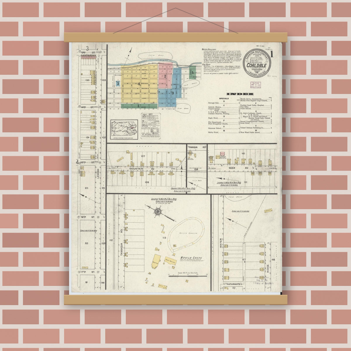 Old map wall art mockup — magnetic wood frame on brick wall — Sanborn Fire Insurance Map from Coaldale, Schuylkill County, Pennsylvania (1916), Sheet #0001