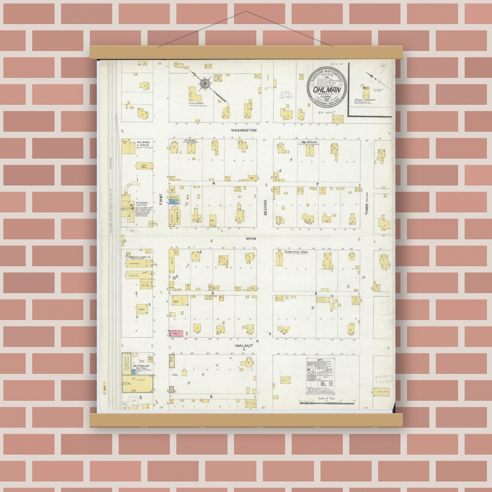 Old map wall art mockup — magnetic wood frame on brick wall — Sanborn Fire Insurance Map from Ohlman, Montgomery County, Illinois (1912), Sheet #0001