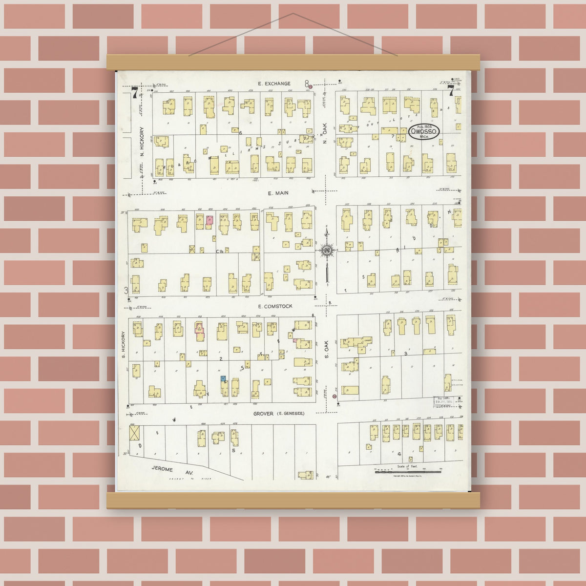 Old map wall art mockup — magnetic wood frame on brick wall — Sanborn Fire Insurance Map from Owosso, Shiawassee County, Michigan (1924), Sheet #0007