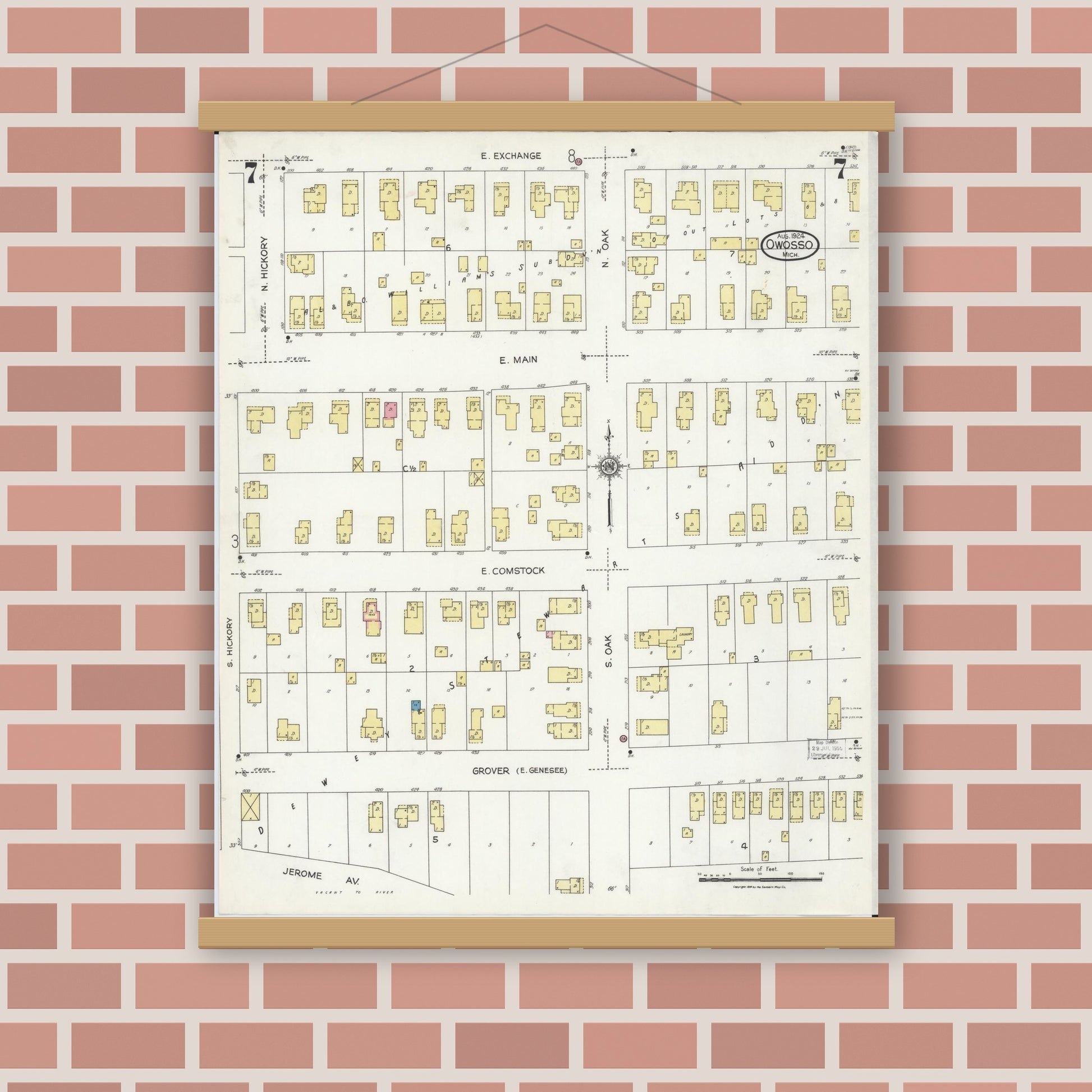 Old map wall art mockup — magnetic wood frame on brick wall — Sanborn Fire Insurance Map from Owosso, Shiawassee County, Michigan (1924), Sheet #0007