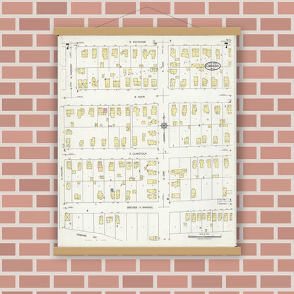 Old map wall art mockup — magnetic wood frame on brick wall — Sanborn Fire Insurance Map from Owosso, Shiawassee County, Michigan (1924), Sheet #0007