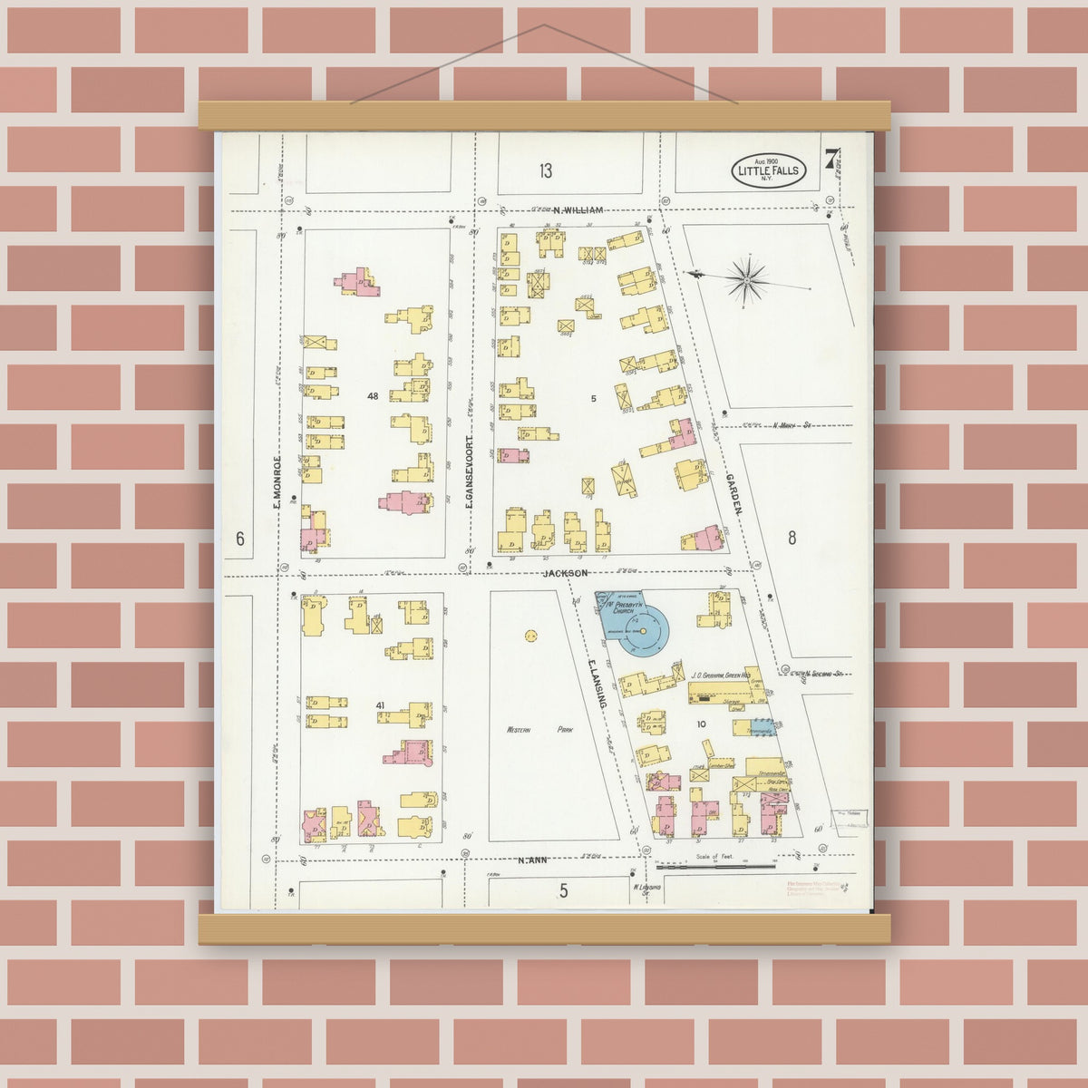 Old map wall art mockup — magnetic wood frame on brick wall — Sanborn Fire Insurance Map from Little Falls, Herkimer County, New York (1900), Sheet #0007
