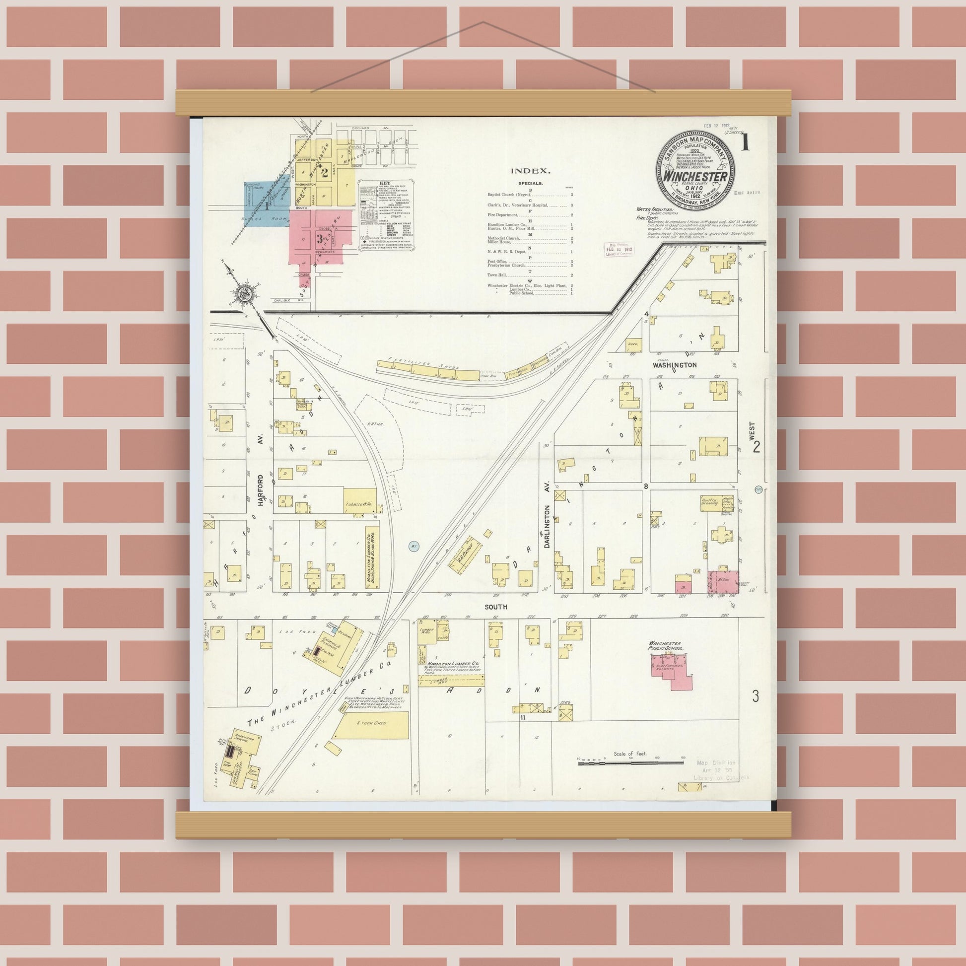 Old map wall art mockup — magnetic wood frame on brick wall — Sanborn Fire Insurance Map from Winchester, Adams County, Ohio (1912), Sheet #0001
