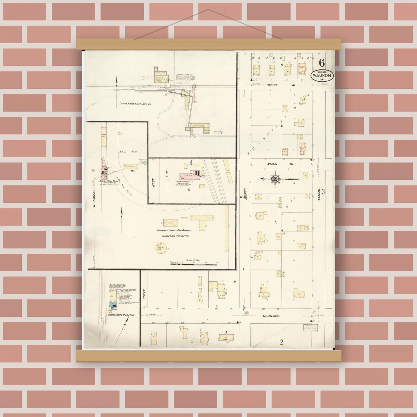 Old map wall art mockup — magnetic wood frame on brick wall — Sanborn Fire Insurance Map from Waukon, Allamakee County, Iowa (1913), Sheet #0006
