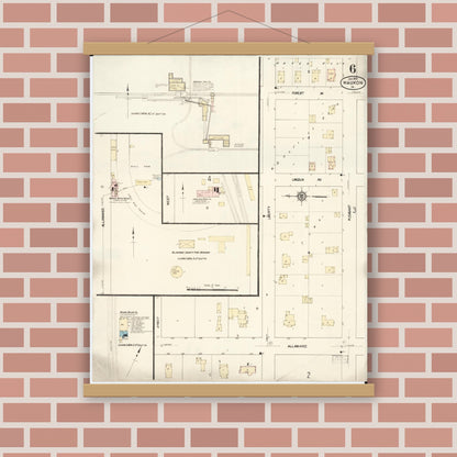 Old map wall art mockup — magnetic wood frame on brick wall — Sanborn Fire Insurance Map from Waukon, Allamakee County, Iowa (1913), Sheet #0006