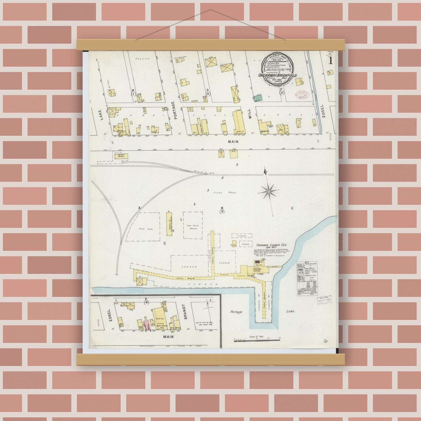 Old map wall art mockup — magnetic wood frame on brick wall — Sanborn Fire Insurance Map from Onekama, Manistee County, Michigan (1895) - Complete Map Set