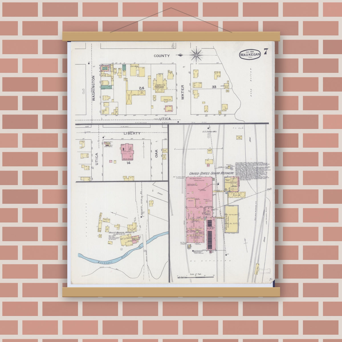 Old map wall art mockup — magnetic wood frame on brick wall — Sanborn Fire Insurance Map from Waukegan, Lake County, Illinois (1894), Sheet #0007