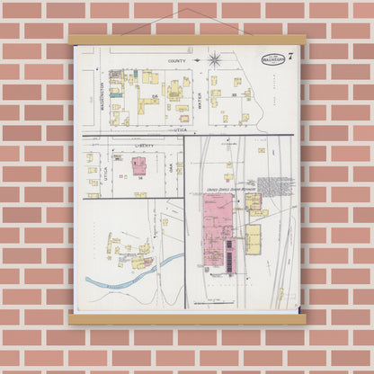 Old map wall art mockup — magnetic wood frame on brick wall — Sanborn Fire Insurance Map from Waukegan, Lake County, Illinois (1894), Sheet #0007