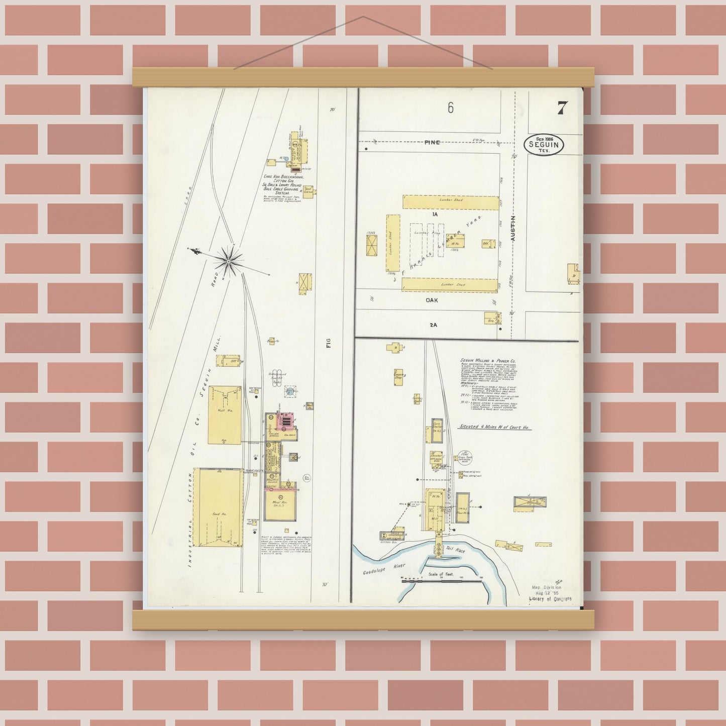 Old map wall art mockup — magnetic wood frame on brick wall — Sanborn Fire Insurance Map from Seguin, Guadalupe County, Texas (1906), Sheet #0007