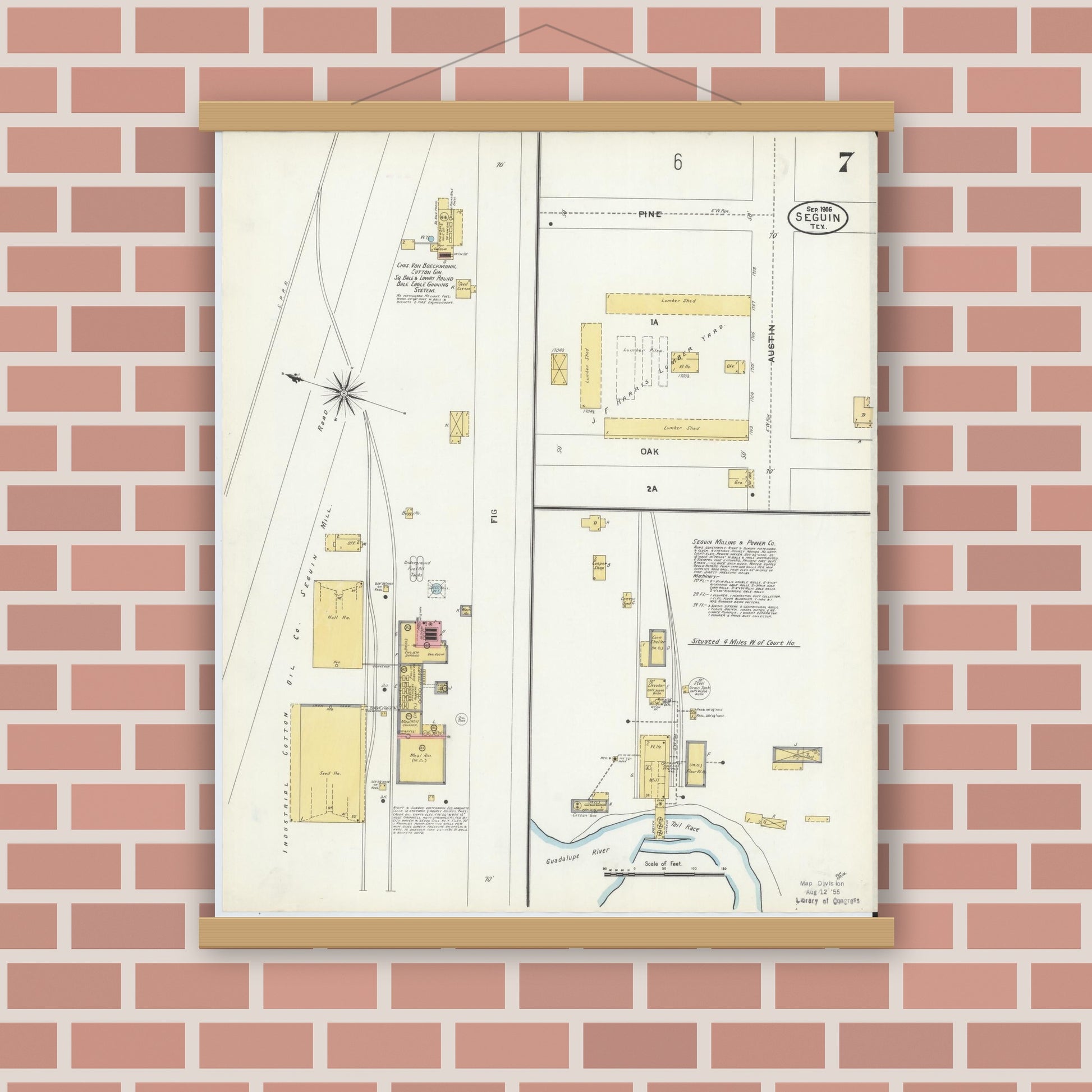 Old map wall art mockup — magnetic wood frame on brick wall — Sanborn Fire Insurance Map from Seguin, Guadalupe County, Texas (1906), Sheet #0007
