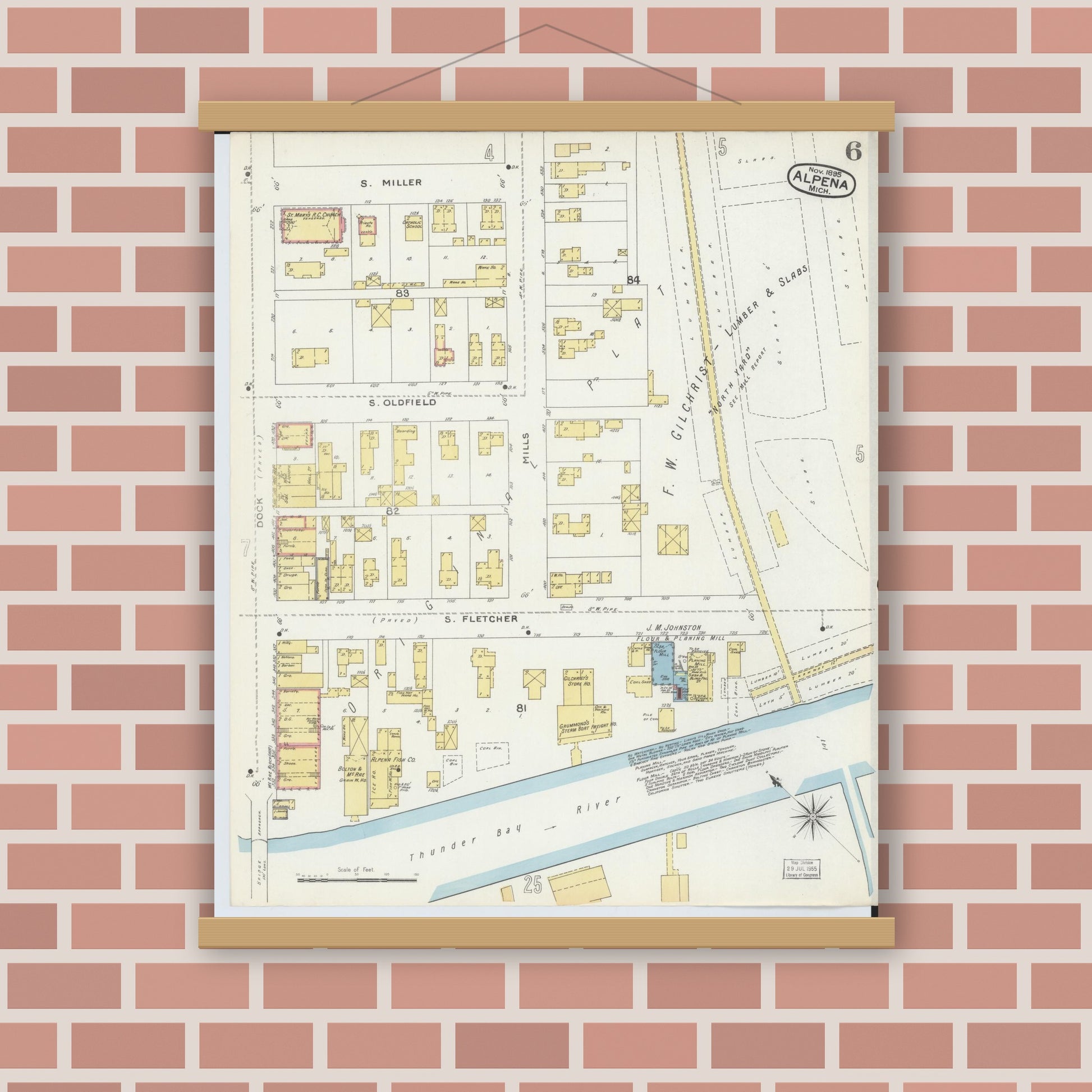 Old map wall art mockup — magnetic wood frame on brick wall — Sanborn Fire Insurance Map from Alpena, Alpena County, Michigan (1895), Sheet #0006