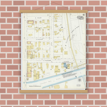 Old map wall art mockup — magnetic wood frame on brick wall — Sanborn Fire Insurance Map from Alpena, Alpena County, Michigan (1895), Sheet #0006