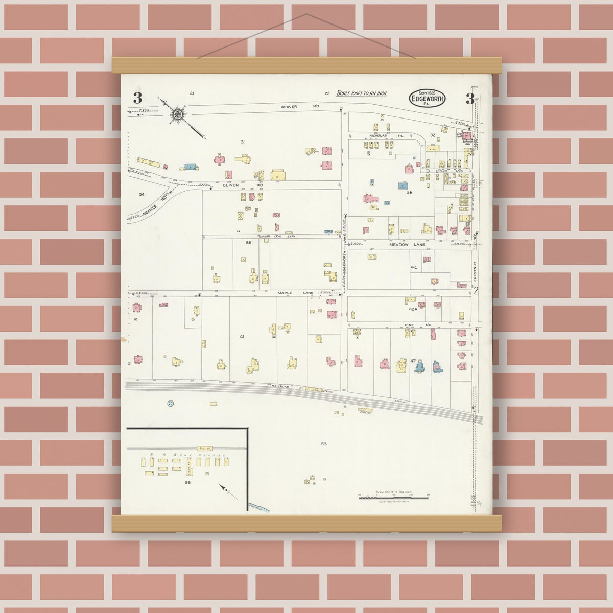Old map wall art mockup — magnetic wood frame on brick wall — Sanborn Fire Insurance Map from Edgeworth, Allegheny County, Pennsylvania (1925), Sheet #0003