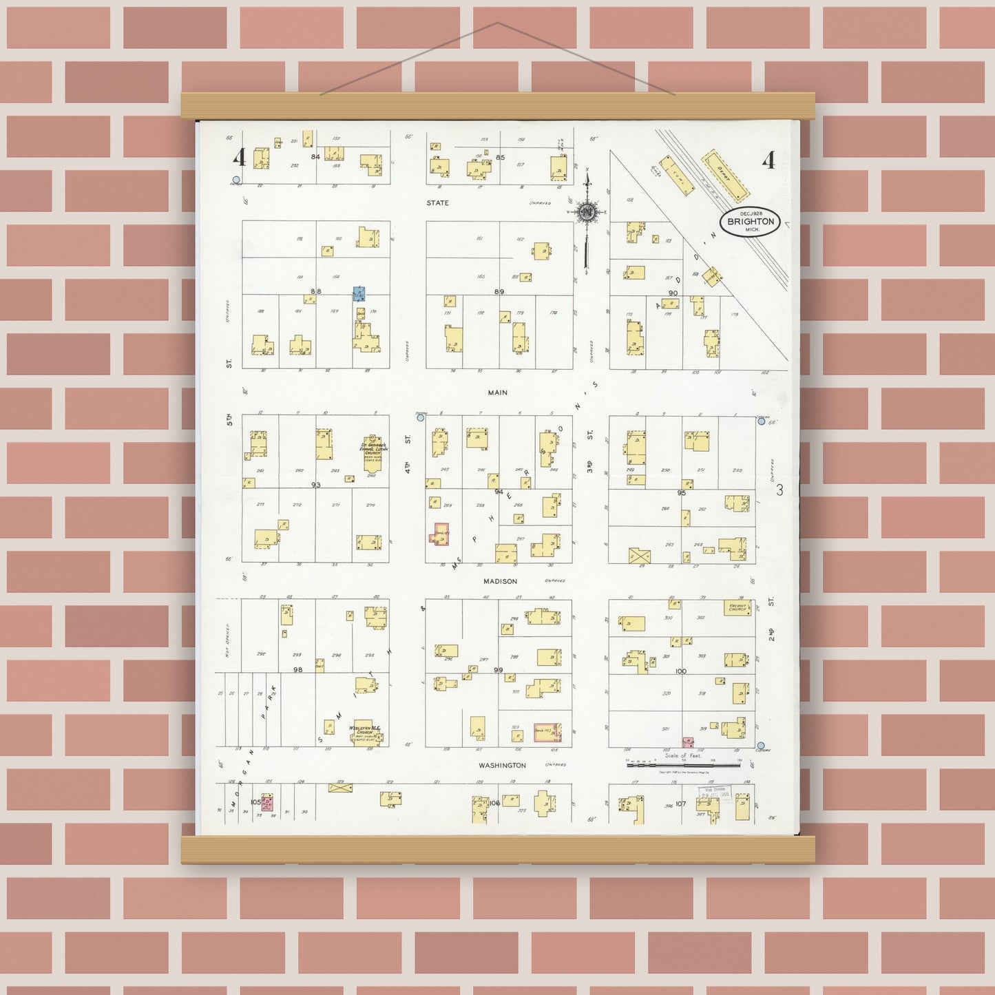 Old map wall art mockup — magnetic wood frame on brick wall — Sanborn Fire Insurance Map from Brighton, Livingston County, Michigan (1928), Sheet #0004