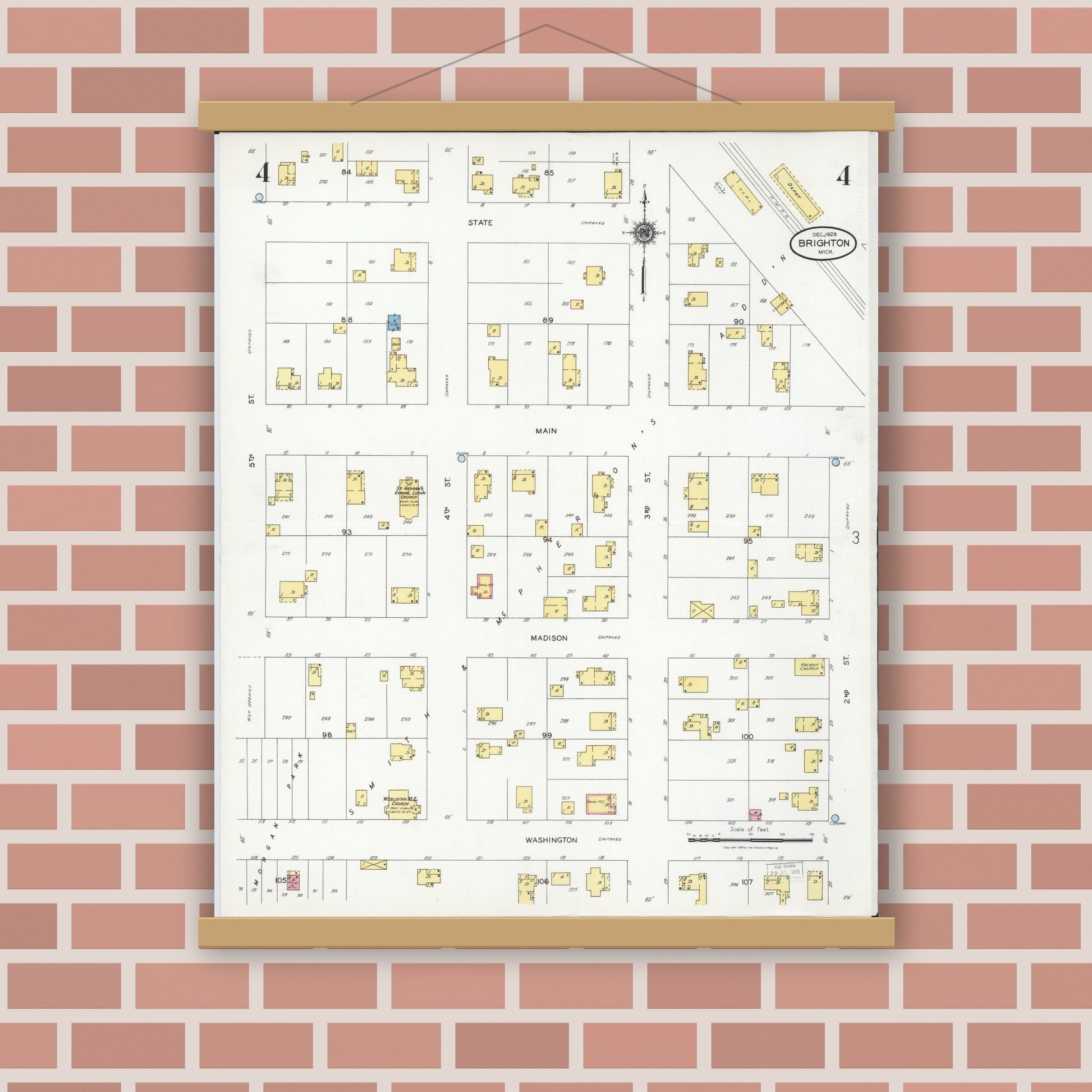 Old map wall art mockup — magnetic wood frame on brick wall — Sanborn Fire Insurance Map from Brighton, Livingston County, Michigan (1928), Sheet #0004