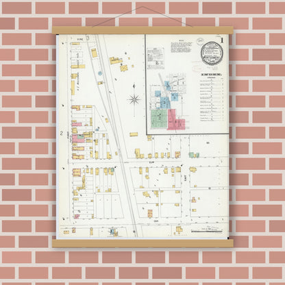 Old map wall art mockup — magnetic wood frame on brick wall — Sanborn Fire Insurance Map from Montgomery, Le Sueur  County, Minnesota (1899) - Complete Map Set