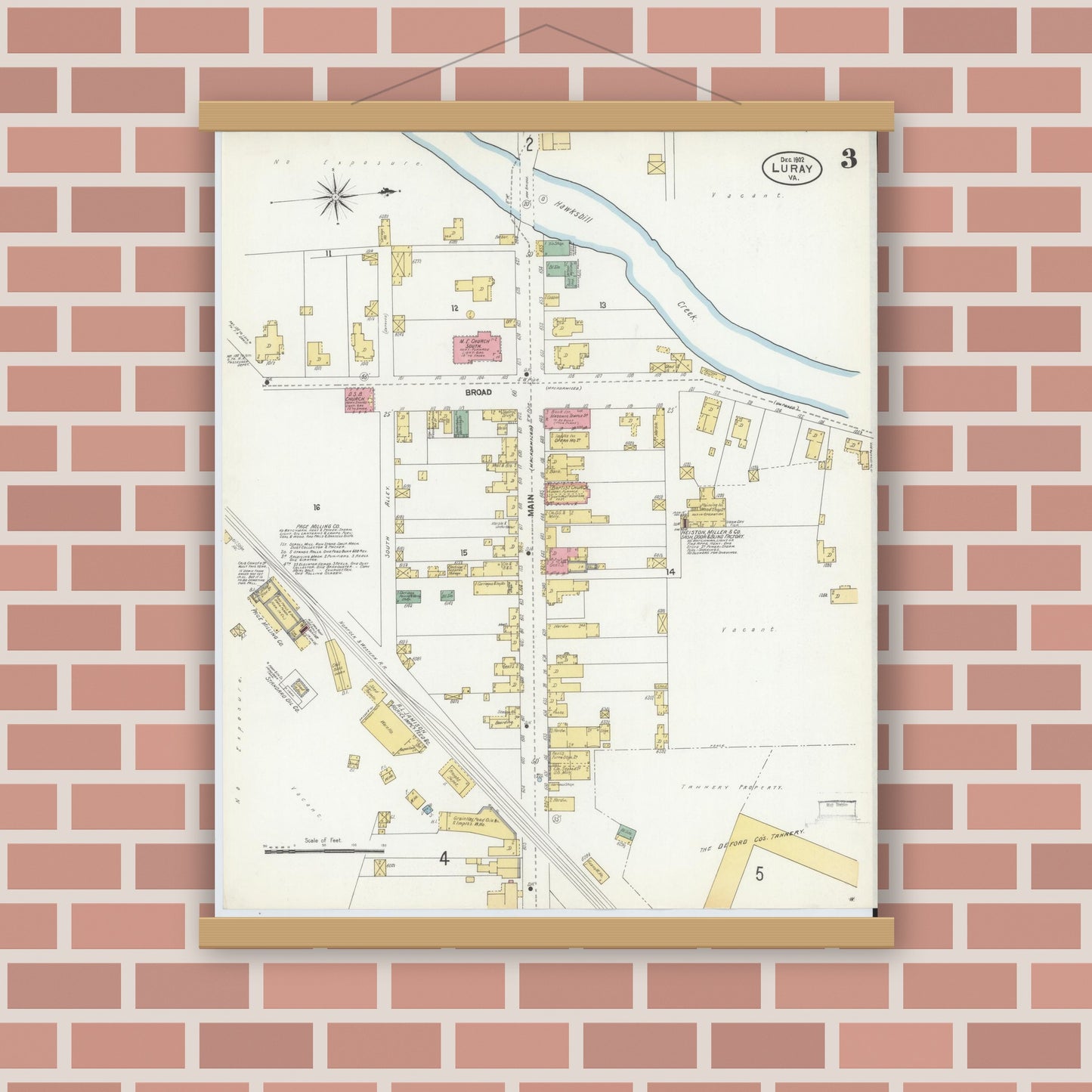 Old map wall art mockup — magnetic wood frame on brick wall — Sanborn Fire Insurance Map from Luray, Page County, Virginia (1902), Sheet #0003