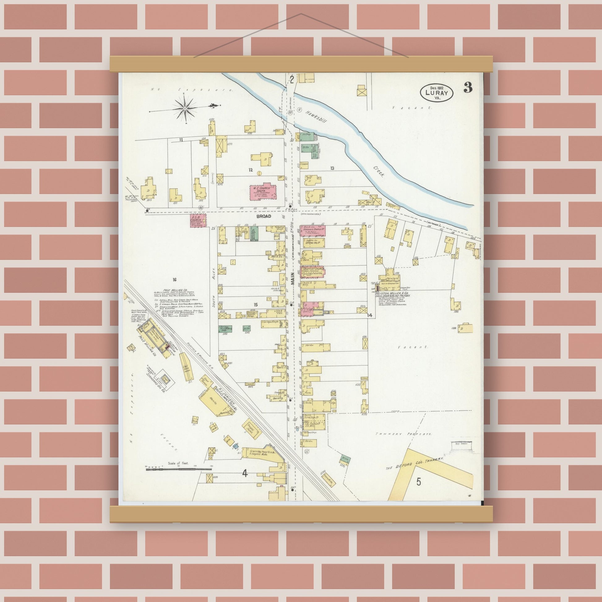 Old map wall art mockup — magnetic wood frame on brick wall — Sanborn Fire Insurance Map from Luray, Page County, Virginia (1902), Sheet #0003