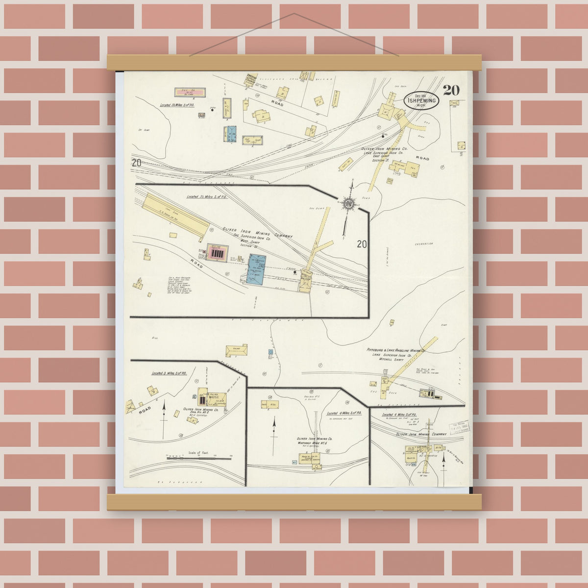 Old map wall art mockup — magnetic wood frame on brick wall — Sanborn Fire Insurance Map from Ishpeming, Marquette County, Michigan (1911), Sheet #0020