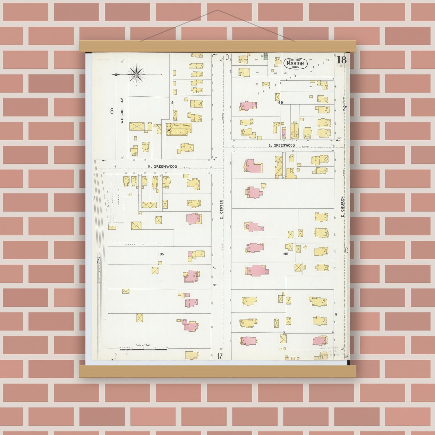 Old map wall art mockup — magnetic wood frame on brick wall — Sanborn Fire Insurance Map from Marion, Marion County, Ohio (1900), Sheet #0018