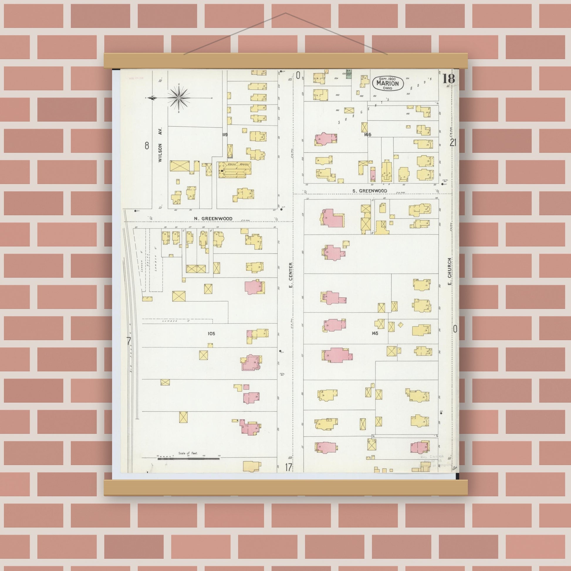 Old map wall art mockup — magnetic wood frame on brick wall — Sanborn Fire Insurance Map from Marion, Marion County, Ohio (1900), Sheet #0018